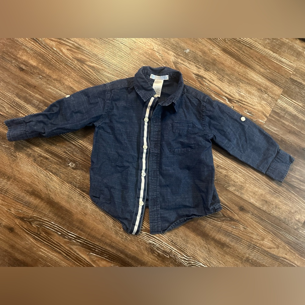 Janie and Jack Navy Button-Up Shirt with White Stripes - Picture 2 of 7